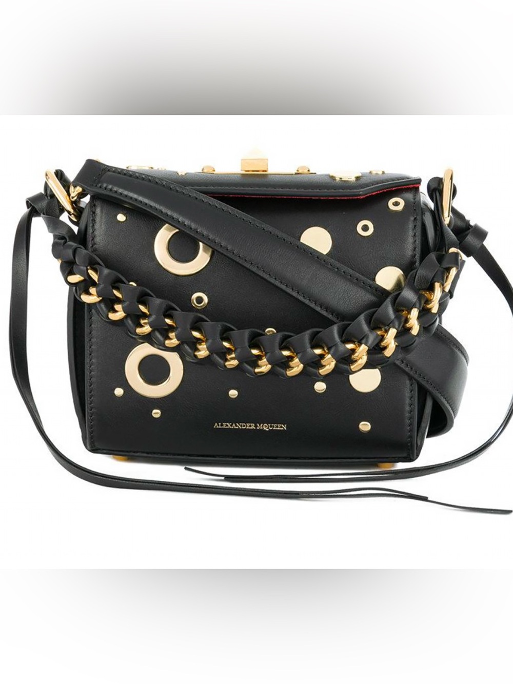 Alexander McQueen Black Leather Box Bag Crossbody with Gold Circle Studs